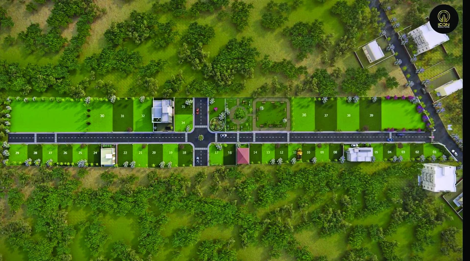 Aerial masterplan render of Icon Estate: numbered plots either side of a central road with a landscaped roundabout