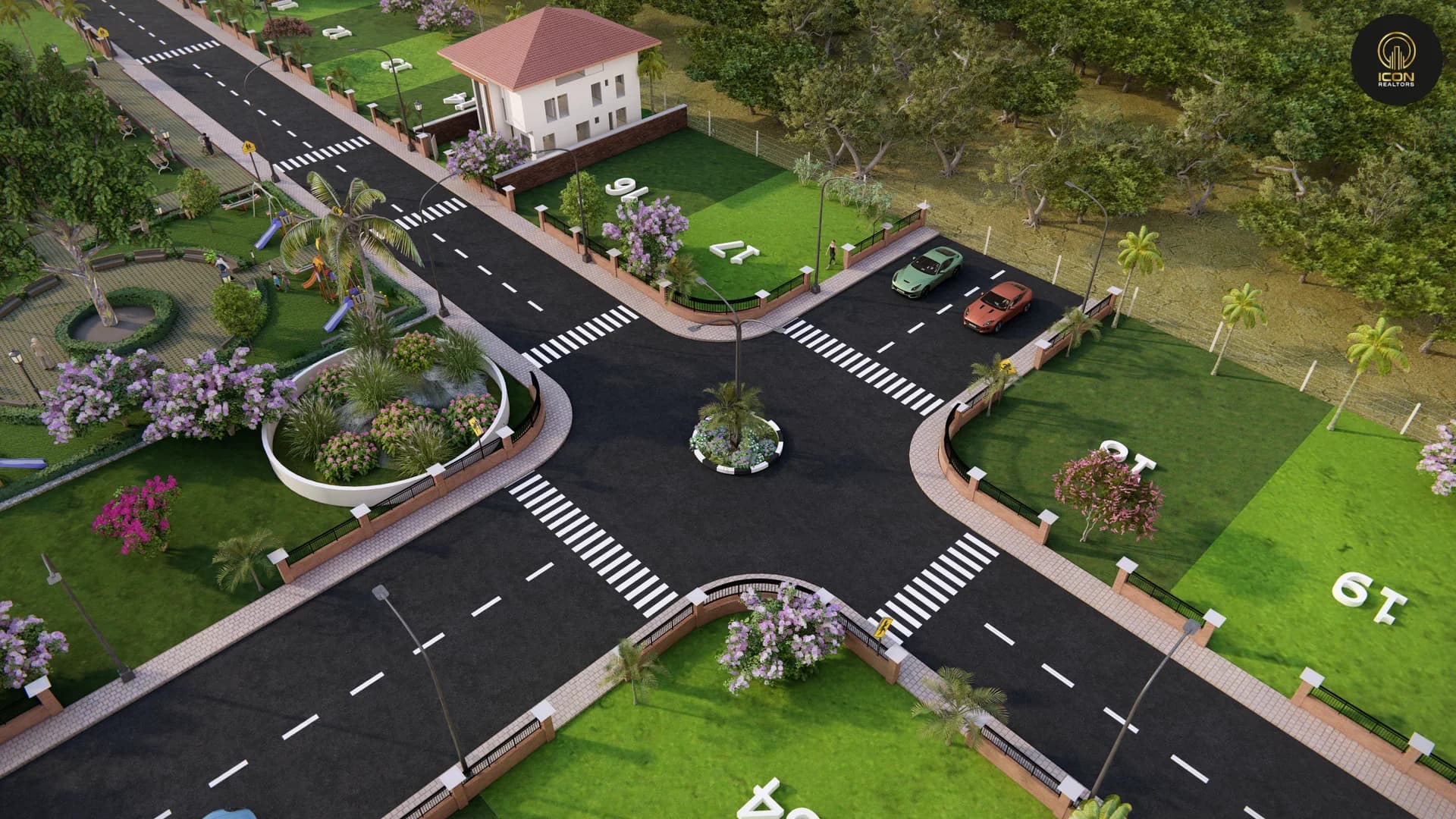 Aerial render of a crossroads at Icon Estate with a landscaped island, zebra crossings, numbered plots and a corner house