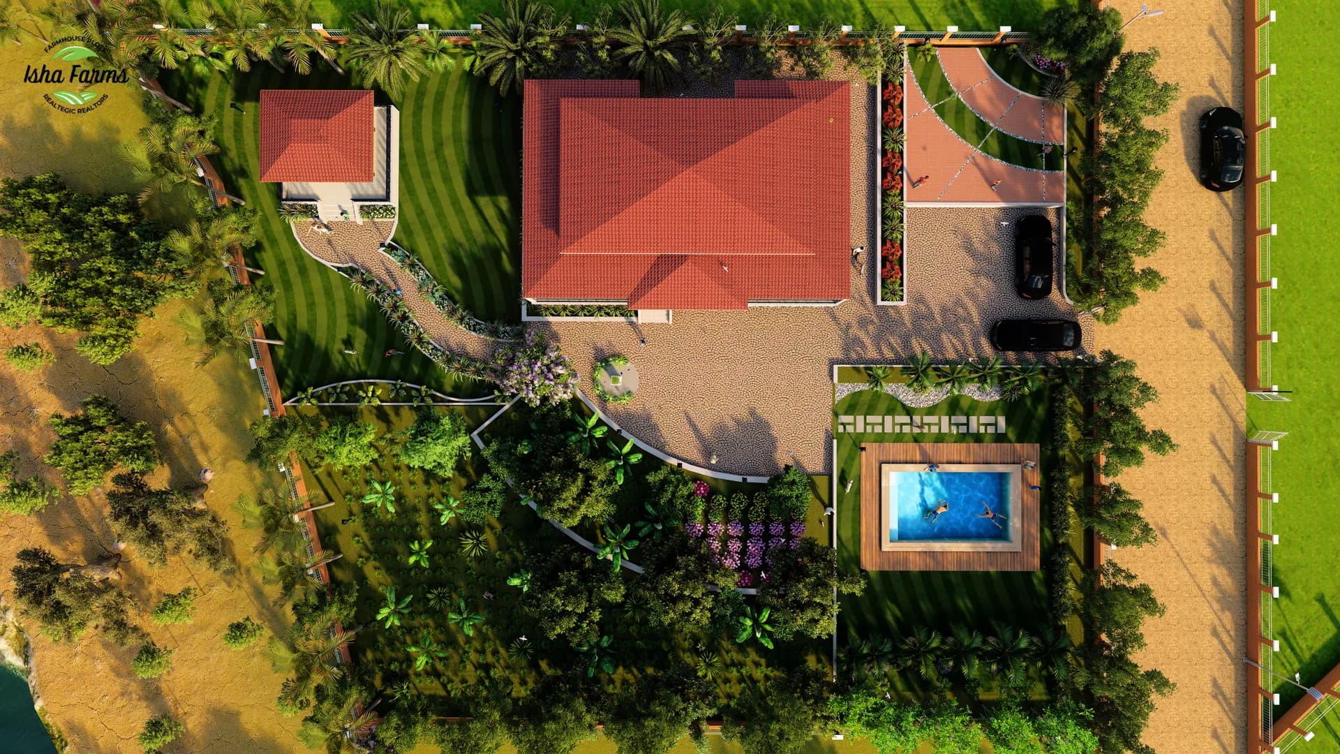 Overhead render of a single Isha Farms plot: a red-tile farmhouse, car court, swimming pool and planted beds inside the boundary wall