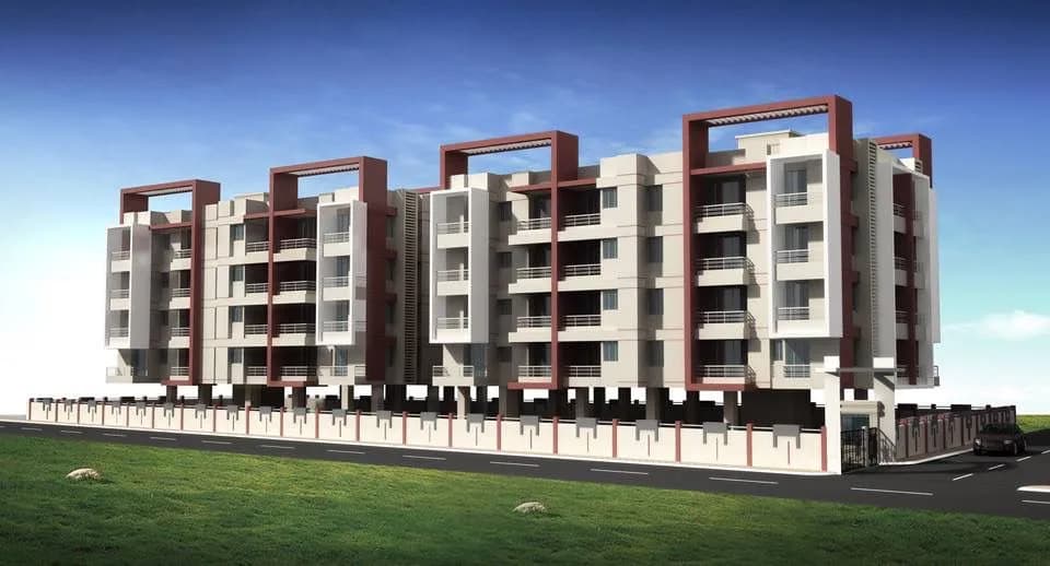 Architectural render of Santoshi Srushti: a five-storey apartment building in cream and maroon, with balconies to every flat and parking along the street frontage