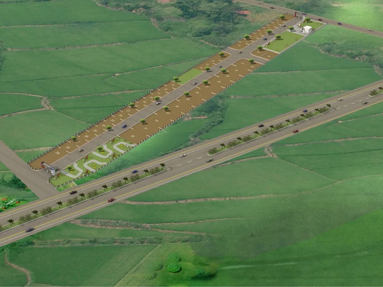 Aerial render of Santoshi Village Phase 1: a plotted layout running back from the highway, numbered plots either side of an internal road, with a gated entrance and landscaped frontage